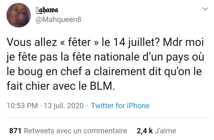 Cette fois-ci il poste le screen d’un tweet d’une militante  #BlackLivesMatter   qui déclare se désolidariser de la fête nationale en raison de son insatisfaction de la réaction du chef d'état concernant le mouvement. Il commente en disant que les habitants de Reims font sécession