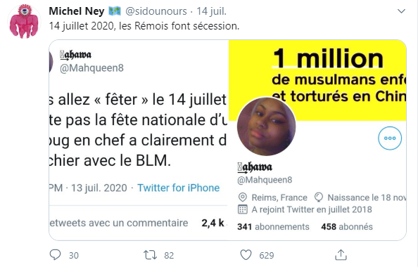 Cette fois-ci il poste le screen d’un tweet d’une militante  #BlackLivesMatter   qui déclare se désolidariser de la fête nationale en raison de son insatisfaction de la réaction du chef d'état concernant le mouvement. Il commente en disant que les habitants de Reims font sécession