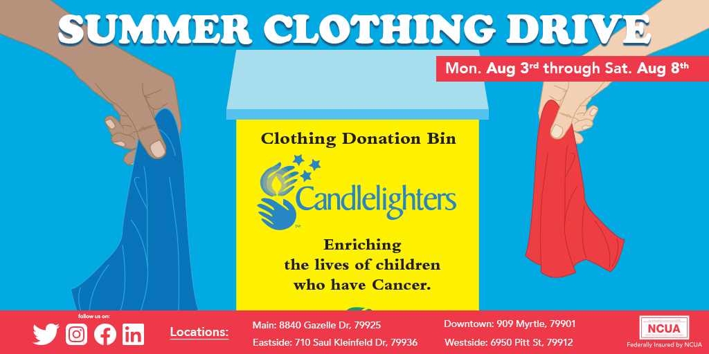 evolveFCU's tweet photo. We are excited to announce that we will be hosting a Clothing Drive
benefiting our community partner, Candlelighters of El Paso! Please join us in being a part of this wonderful cause! 💝🌎

#donations #localsupport #fundraisers #evolvefcu #oursocialpurpose #elpasotx https://t.co/uvbO1USLHp