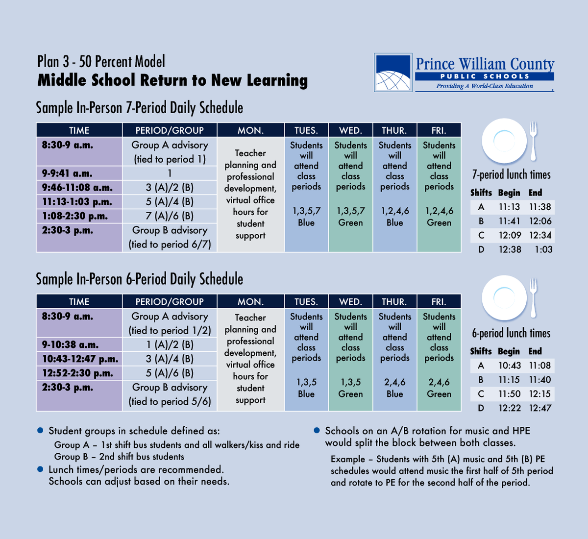 PWCS on X: "Here is what a daily in-person schedule could look like for an  Elementary, Middle, and High School student under the potential 50 Percent  Model ⬇️ https://t.co/lYbsNPczBo" / X