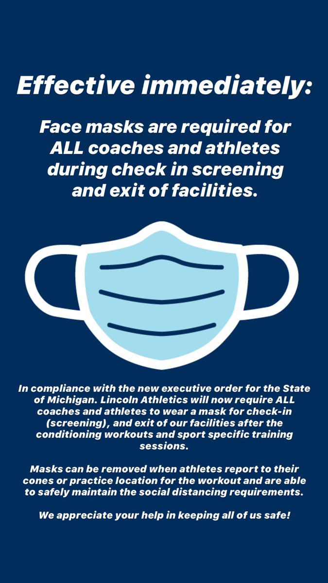 In compliance with the new executive order for the State of Michigan. Lincoln Athletics will now require ALL coaches and athletes to wear a mask for check-in (screening), and exit of our facilities after the conditioning workouts and sport specific training sessions.