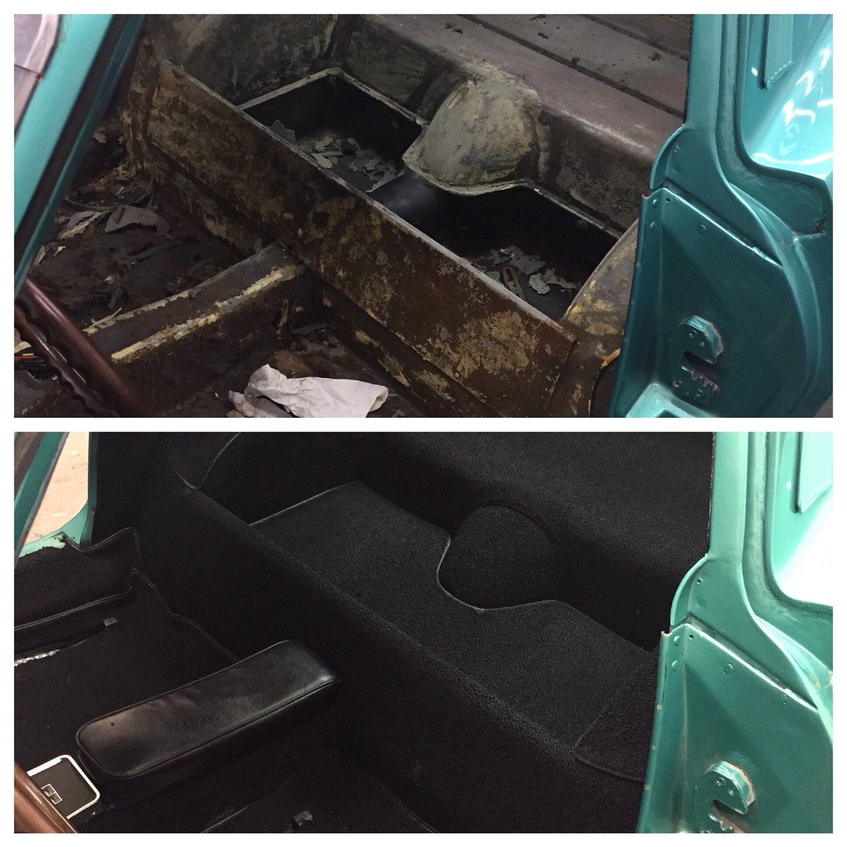 VetteExpress's tweet photo. Here's a small project we did awhile back. Complete carpet set on a #64 #corvette #STINGRAY #coupe The before picture is the raw floor pan and the after pic is just before seat installation. https://t.co/XKEKge3Lwx