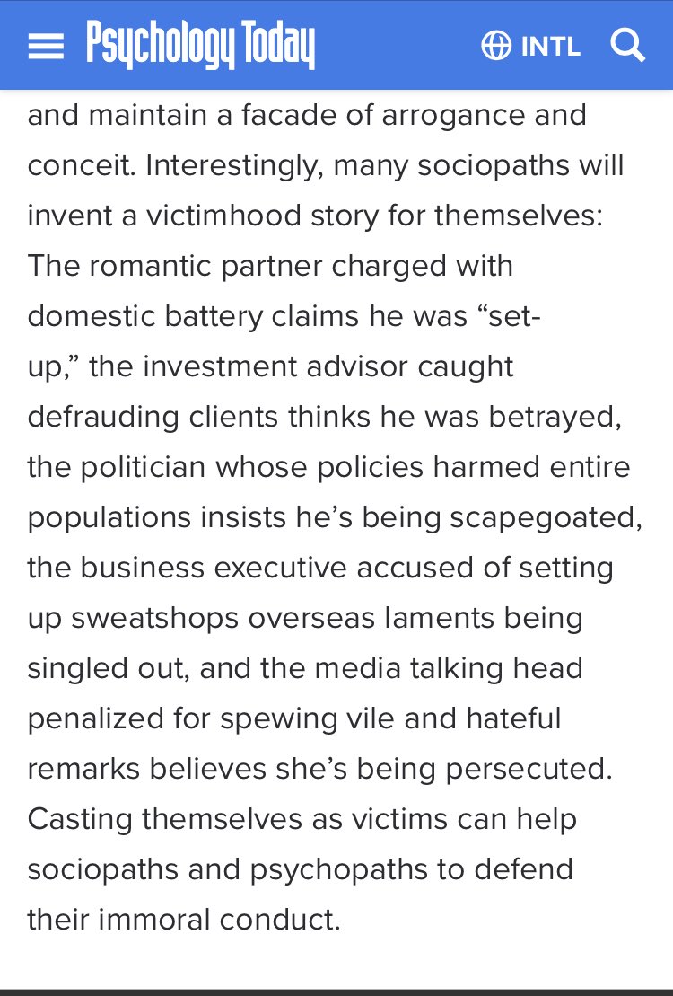 4/ & while playing a victim is a hallmark of a spoiled starlet, it’s also one of the major hallmarks of a sociopath*SELF-SERVING VICTIMHOOD*This only comes out WHEN THEY’RE CAUGHT & OUT OF OPTIONSSerial killers & others - when dead to rights - claim they’re being persecuted