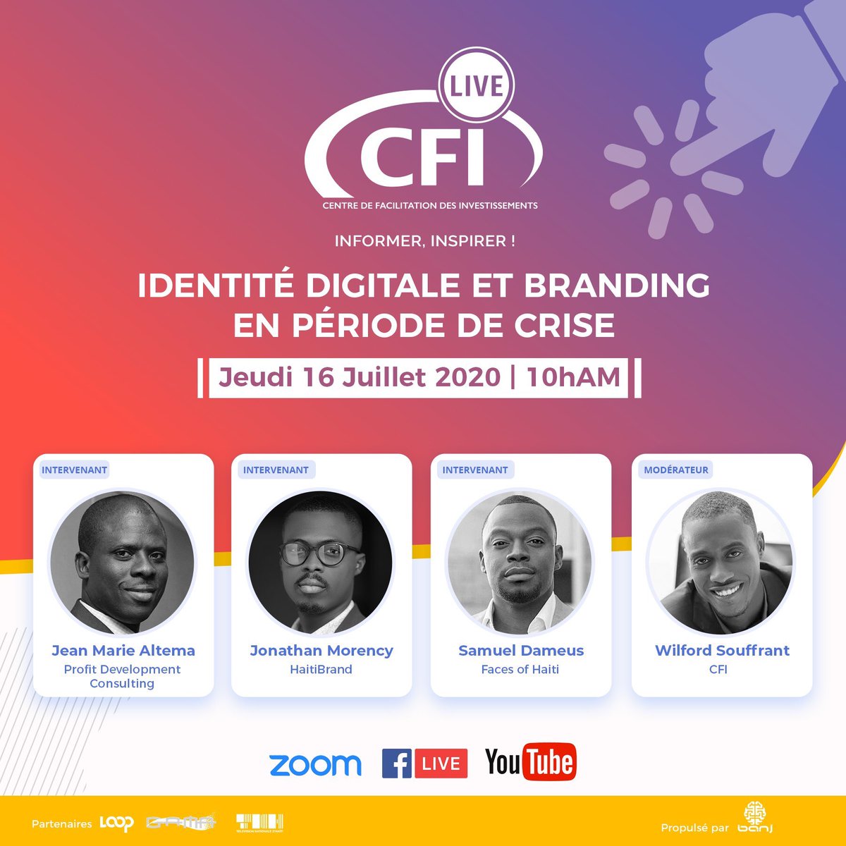 marcalainb's tweet photo. Notre prochain #CFILive sera sur l’identité digitale et le branding pour les entrepreneurs en temps de crise. Mkonnen sijè sa sansib anpil isi a 😆! Map tann nou nan Zoom nan! Rezève laa pou demen 10:00 AM: https://t.co/7LNt0MJ5cz https://t.co/rfmFexkrpe