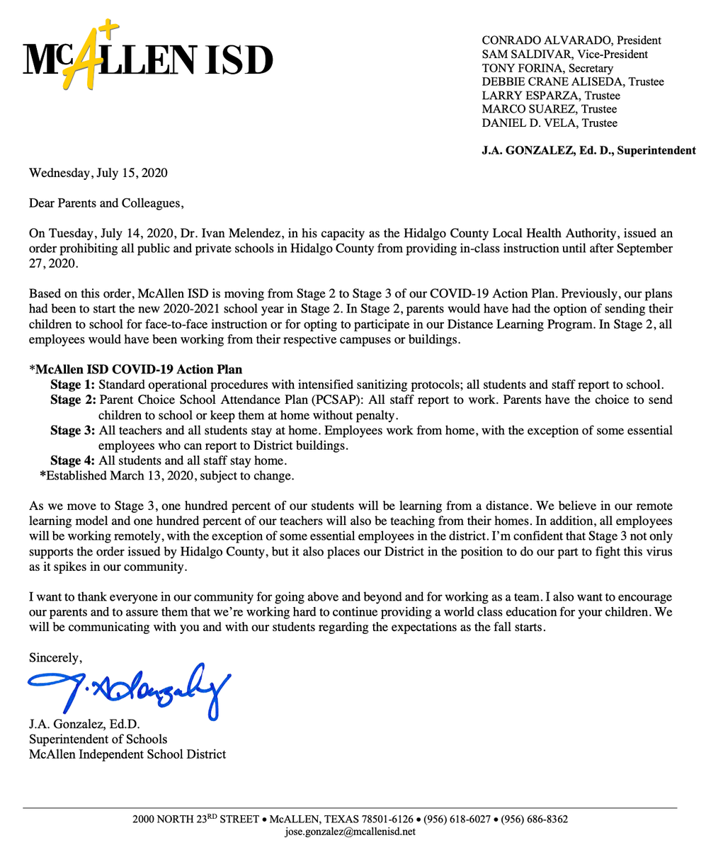 McAllenISD's tweet photo. Update from the Superintendent (7/15/20).
Actualización del Superintendente (7/15/20). https://t.co/dl6oCODqo7