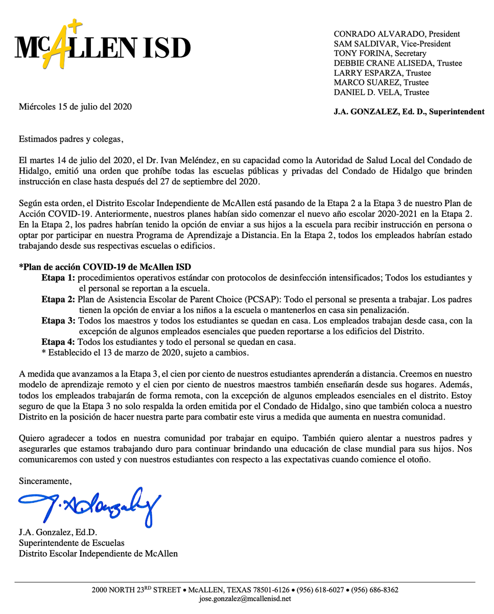 McAllenISD's tweet photo. Update from the Superintendent (7/15/20).
Actualización del Superintendente (7/15/20). https://t.co/dl6oCODqo7