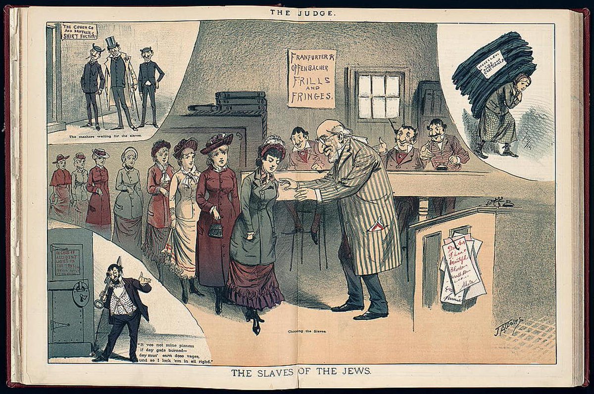 An illustration from 1882 in the satiric magazine, The Judge, showing a line of women, seeking employment, standing before a lecherous man who was obviously Jewish.