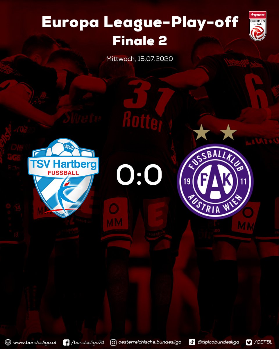 OEFBL's tweet photo. Schlusspfiff! Das Spiel in der Steiermark endet mit einem torlosen Unentschieden. Dank des 2:3-Auswärtssiegs im Hinspiel sichert sich TSV Prolactal Hartberg den Platz in der Europa-League-Qualifikation. Wir gratulieren recht herzlich! 
#HTBFAK #TipicoBL #ELPlayoff https://t.co/quvZt0ehII