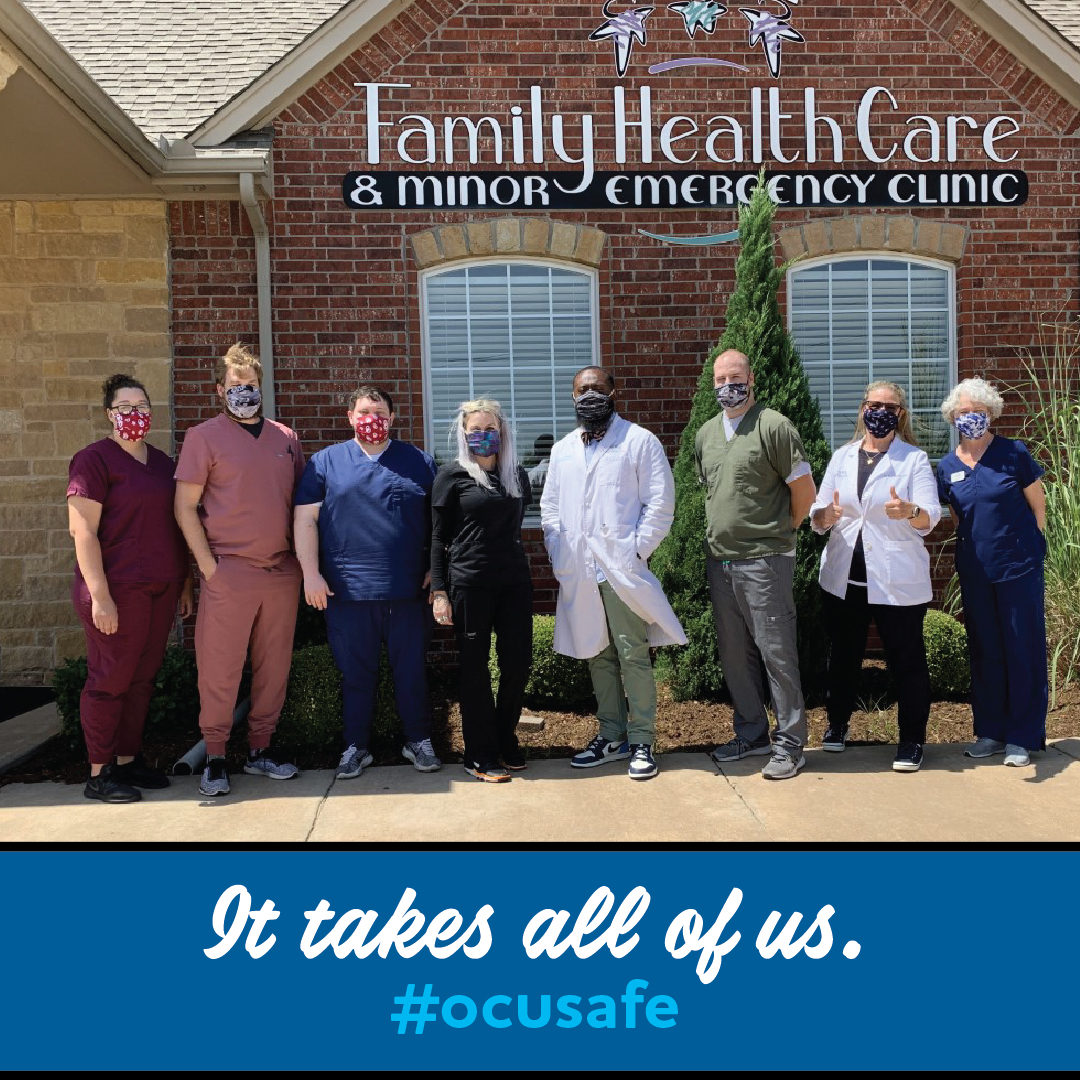 The staff at Family Healthcare and Minor Emergency Clinic, which runs the OCU clinic, is masked up and ready for work! #ocusafe