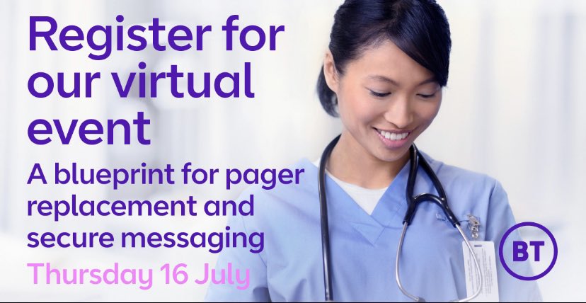 JoanneNuge's tweet photo. QUICK LAST CHANCE TO REGISTER! Join us tomorrow to explore the role of @BTBusiness &amp; @MedicBleep, a secure and real-time communication solution. Find out how it's accelerated productivity, improved patient outcomes and reduced costs within hospitals: https://t.co/U827SWhl2u #nhs https://t.co/7y0bGS8ydl