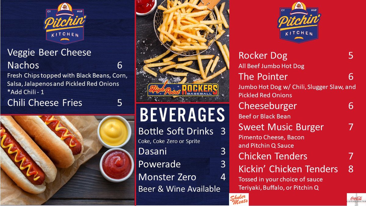 RockersBaseball's tweet photo. Viola! Erm...we meant to say "Voila"! Here it is: The Dine at the Diamond menu! Join us for lunch starting TOMORROW from 11am-2pm! #rockers #highpointrockers #cityofhighpoint #pitchinkitchen #lunch #ballpark #viola #voila https://t.co/ROTwkVpLyy