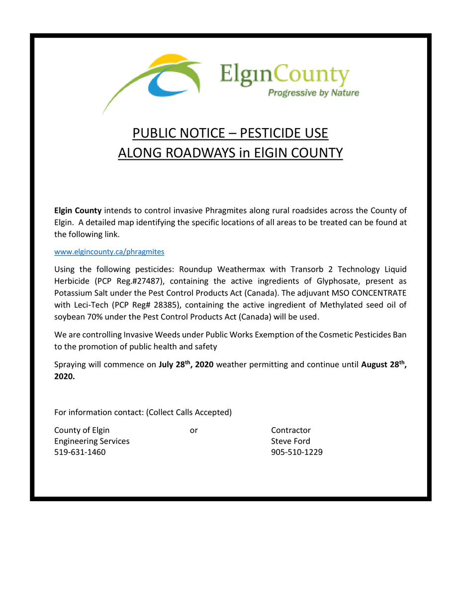 PUBLIC NOTICE – Elgin County intends to control invasive Phragmites along rural roadsides across the County of Elgin. A detailed map identifying the specific locations of all areas to be treated can be found at the following link. elgincounty.ca/phragmites