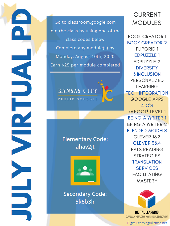 kcpsdlt's tweet photo. Over 250 @kcpublicschools Teachers have begun July Virtual PD! 19 new modules have been added today. Join us as we #transformprofessionaldevelopment #WeAreKCPS #DLTPD20 https://t.co/6mP3g6KLn2