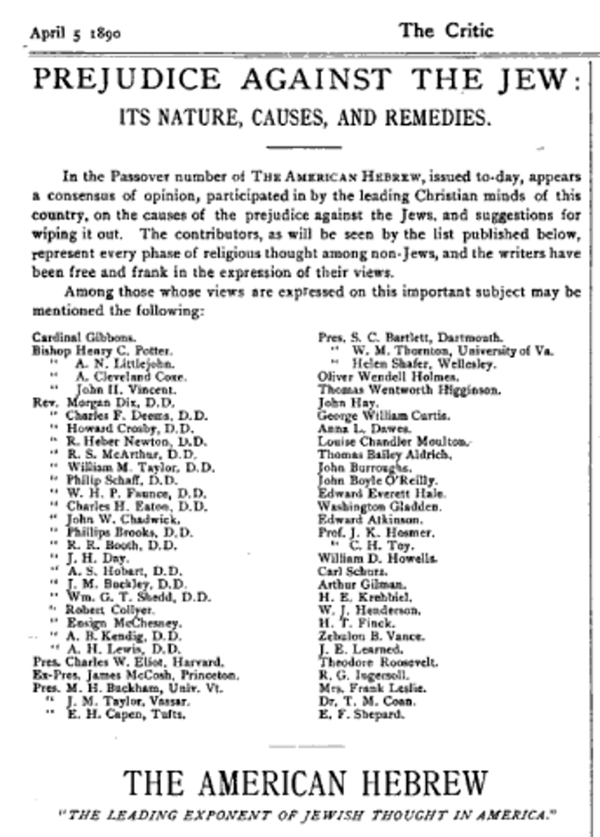 In 1890, observing a spike in antisemitism that saw Jews excluded from public & private institutions, the editors of the New York Jewish newspaper the American Hebrew asked more than 50 clergy, college presidents, lawyers and politicians about “Prejudices Against the Jews.”
