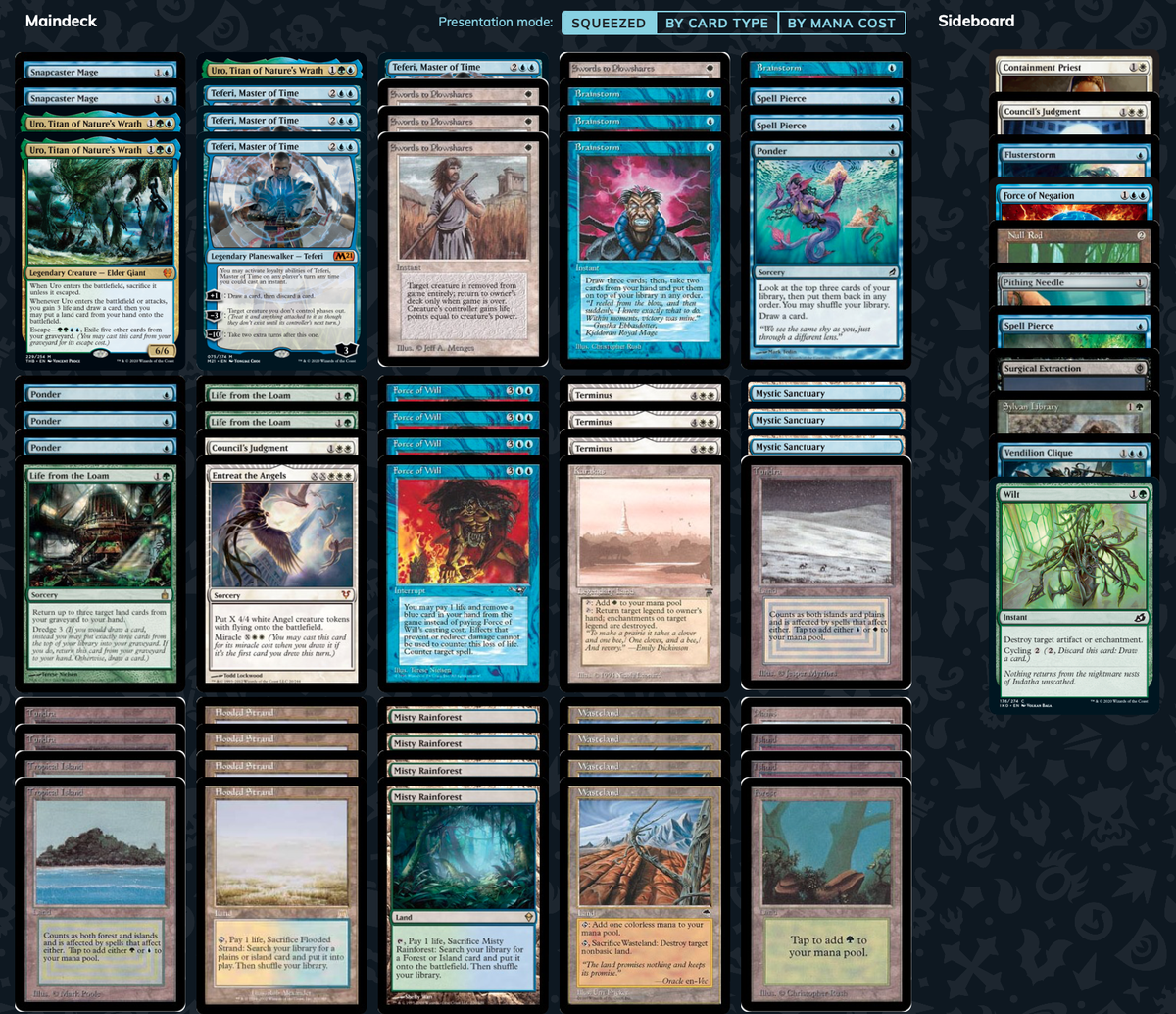 90sMTG's tweet photo. Round 1:

@ForceofPhil w/ Bant Loam Miracles 
vs @RockmanMTG w/ 4C Loam

(obfuscated sideboards) https://t.co/sMuKCBDwVL