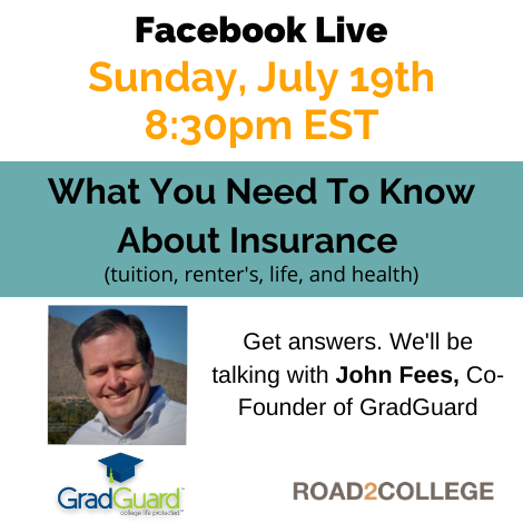 Rd2College's tweet photo. Get all your college insurance questions answered this Sunday night! Join us for a Facebook Live with John Fees of @GradGuard discussing everything you need to know about tuition, renters, health insurance, and more. 
https://t.co/9atoGtLgPf https://t.co/cPvQrfD1JI