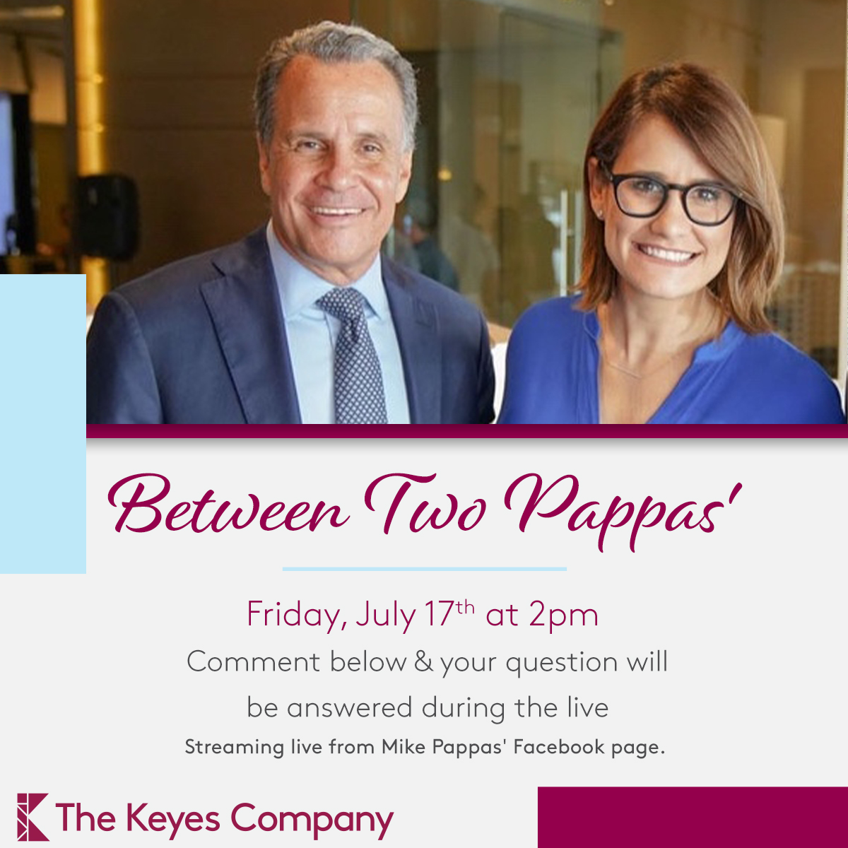 KeyesRealtors's tweet photo. Do you have questions for @cm_pappas and @mpappas32 ?! This is your chance to comment them below and they will be answering them LIVE from Mike's Facebook Page at 2pm this Friday! #KeyesRealtors #FridayFacebookLive #RealEstate https://t.co/kltiJLzeUZ