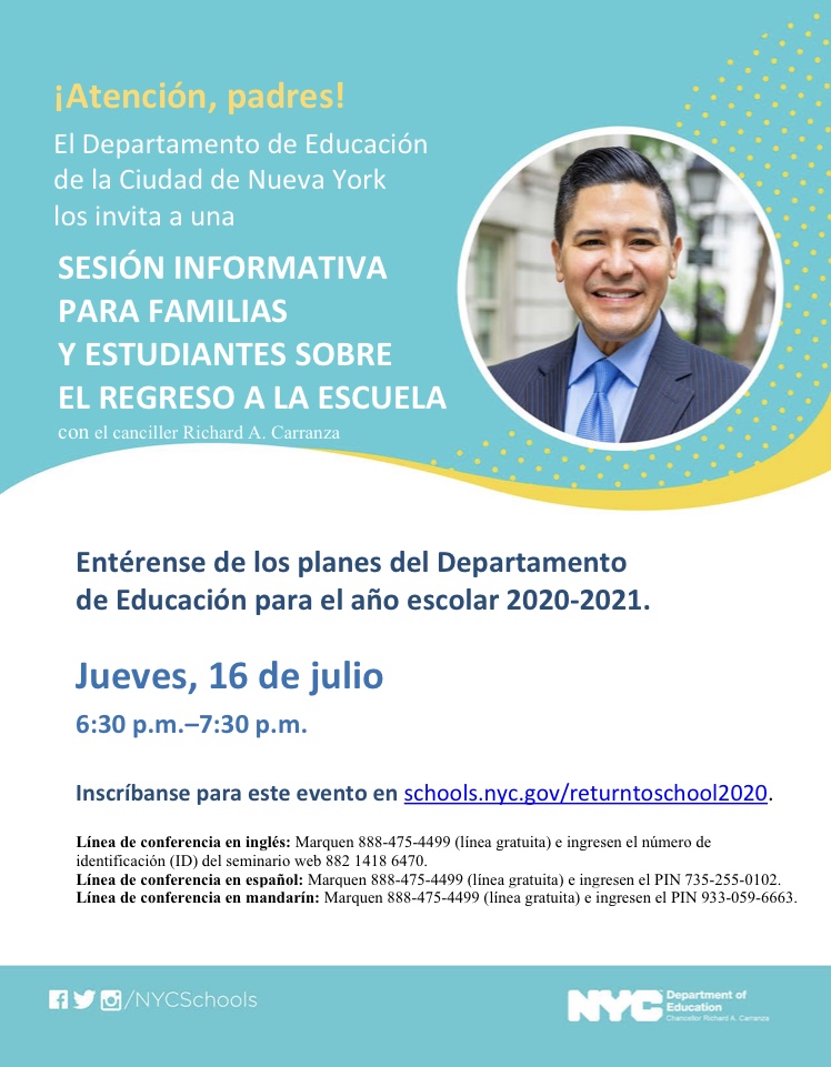 ms224bx's tweet photo. Return to School Family &amp; Student Information Session with @DOEChancellor tomorrow! 
Sesion informativa para familias y estudiantes sobre el regreso a la escuela!
@Csd7Bx https://t.co/SUQI29RcoJ