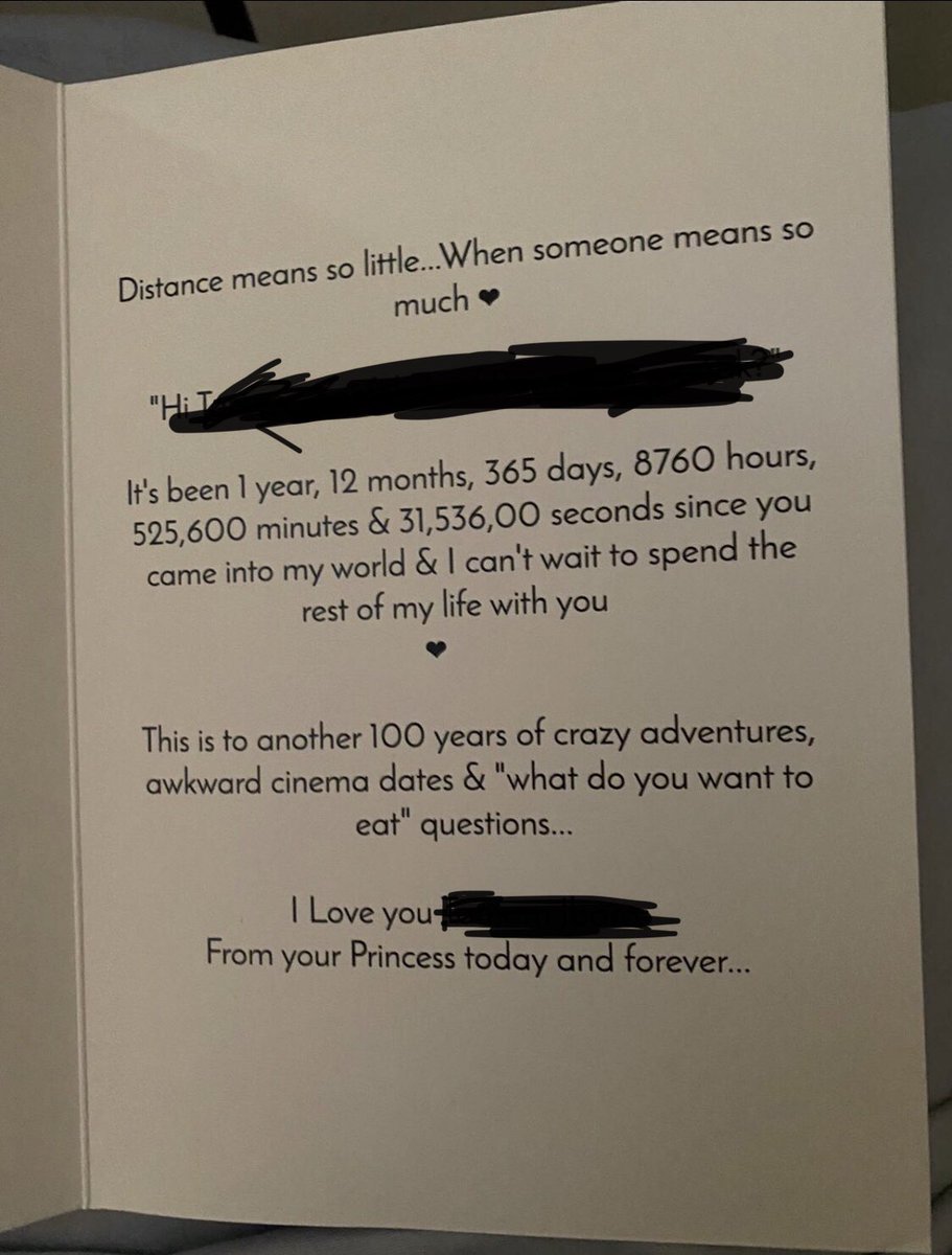 The one year anniversary card with the date they met...