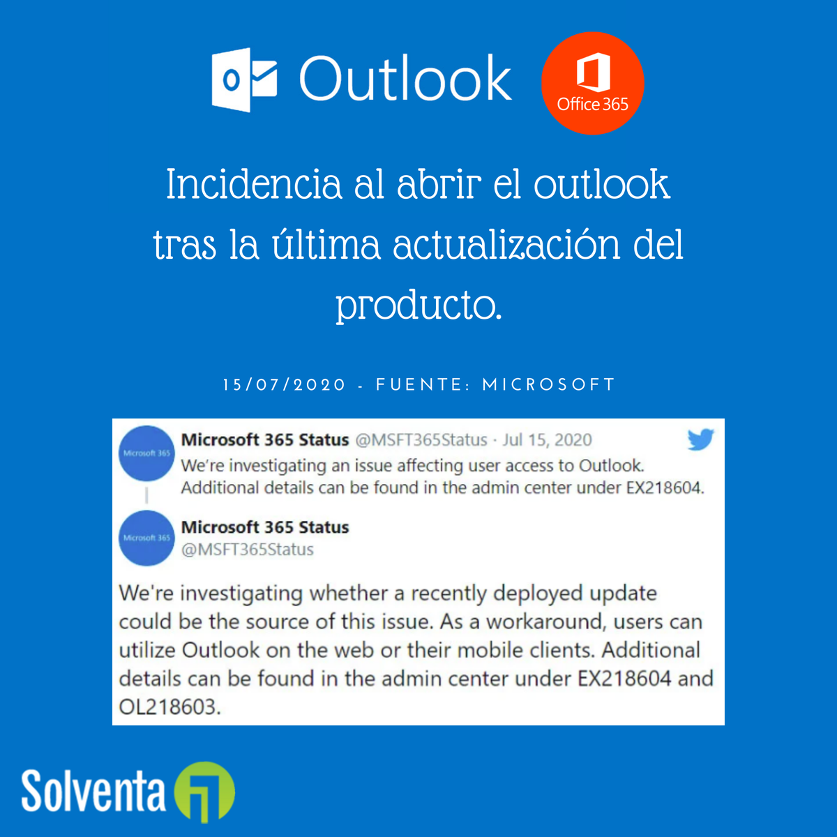 SolventaIT's tweet photo. IMPORTANTE: Incidencia al abrir Microsoft Outlook. #Microsoft sugiere que los usuarios usen el cliente web y los terminales móviles hasta que se resuelva el problema.

#solventait #office365 #mantenimientoinformatico #servicioinformatico #empresas #negocios #gerentes #outlook https://t.co/EePEeR9DBE