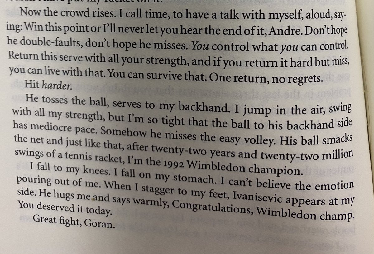 First photo: David Foster Wallace on what tennis fans want to know about the champions. 2 and 3: Andre Agassi on winning his first major 4: Pete Sampras on winning his first major