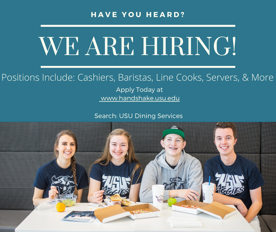 UtahStateDining's tweet photo. We are hiring for Fall 2020! Apply Today! Come join the largest (and funnest) team in Cache Valley

Have questions? E-mail us at dining@usu.edu

#FuelanAggie #UtahStateDining https://t.co/QoRetXtE9J