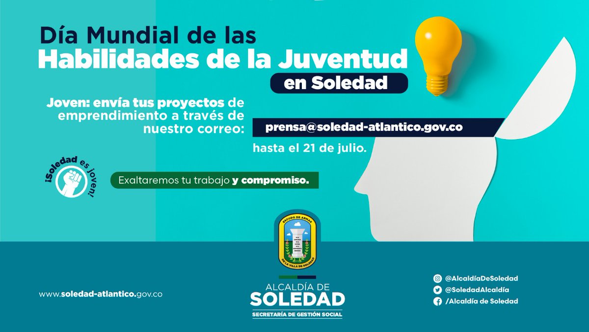 soledadalcaldia's tweet photo. #SoledadCompetitiva | En Soledad celebramos el Día Mundial de las Habilidades de la Juventud. Invitamos a los jóvenes emprendedores de nuestro municipio a enviarnos sus proyectos de emprendimiento, para darles visibilidad por nuestras redes sociales durante las próximas semanas. https://t.co/WuBwcks1lJ