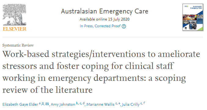 GriffithNursing's tweet photo. Congrats to @LiziElder &amp; team on their published review in 
@AusEmergCare: Work-based strategies/interventions to ameliorate #stressors &amp; foster #coping for #clinicalstaff working in #EmergencyDepartments
@amynbjohnston1 @MarianneWallis2 @CrillyJulia
https://t.co/WvP4bLyWY3 https://t.co/LBHG6Xn28K