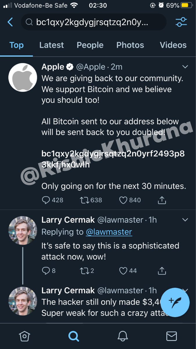 MohittKhurana's tweet image. @Apple’s #Twutter account also seem to have been compromised. The #hacker posted #Bitcoin message from @apple’s handle too. Look at the screenshot...