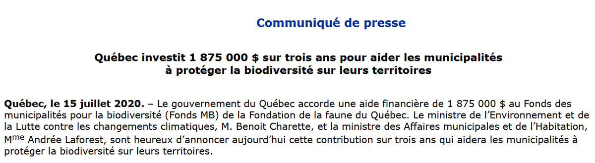 snapqc's tweet photo. Québec investit 1 875 000 $ sur 3 ans pour aider les #municipalités à protéger la #biodiversité sur leurs territoires via le #FondsMB, une initiative de la @snapqc et de la @Fondationfaune. Bravo! 

@jcdamours @alainbranchaud @CharetteB @AndreeLaforest 

👉https://t.co/sFQ1XP1l2q https://t.co/EQ1EkquSM1