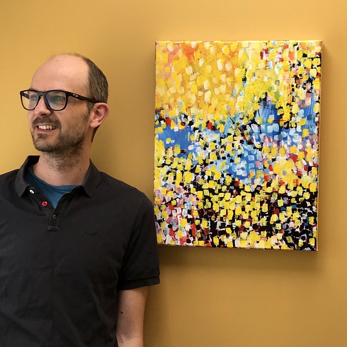 john_cowen's tweet photo. Posing in front of a new painting. First work on canvas in a long time. 

#abstractart #contemporarypainting #yellow #ArtistOnTwitter https://t.co/YNQ80uk9Ej
