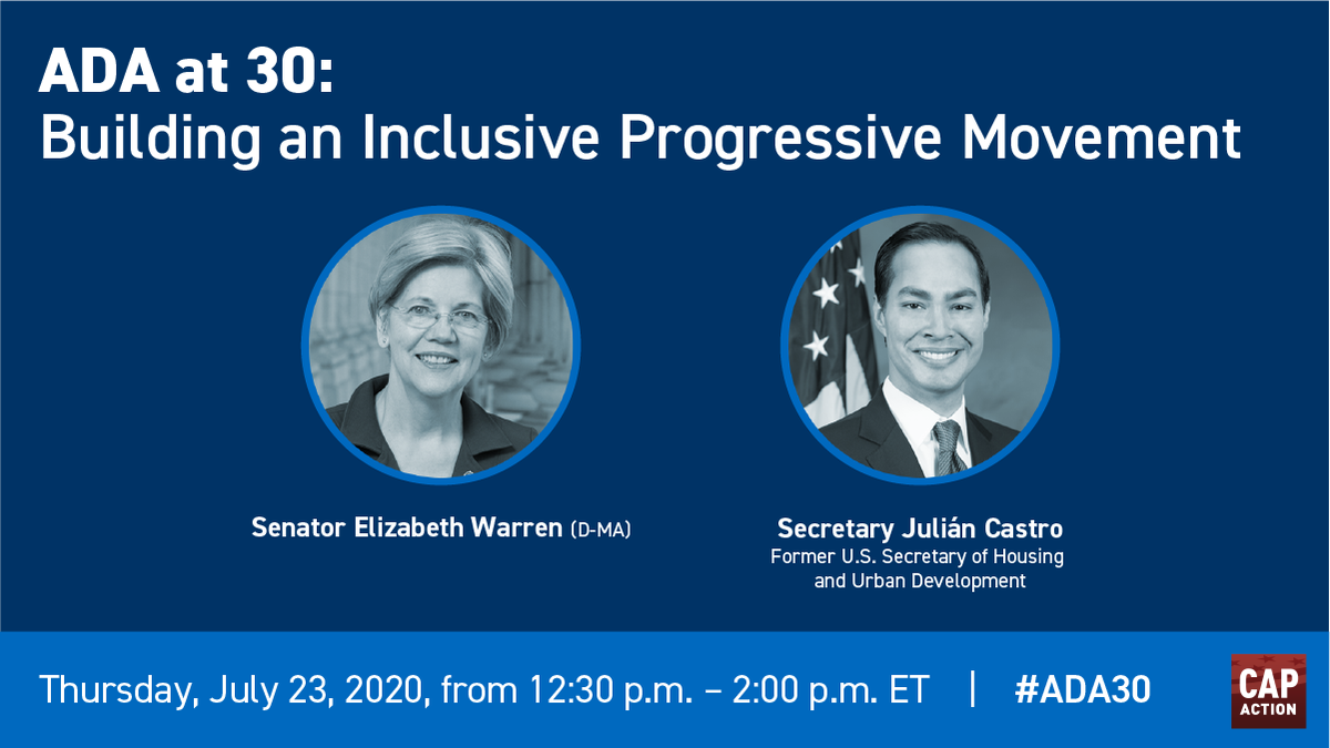 CAPAction's tweet photo. NEW: @SenWarren, @JulianCastro, and more are joining us on 7/23 to mark #ADA30.
 
While we’ve made gains, the pandemic, recession, and state violence are having a huge impact on the disability community.
 
So where do we go from here? RSVP to find out:
https://t.co/1XtTdzgBRC https://t.co/J8KVZrEFIG