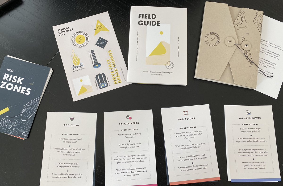 guy_levin's tweet image. Cool project from @sarahdrinkwater and the @OmidyarNetwork - an “ethical explorer” kit, designed to prompt technologists to ask questions around tech risk zones (eg data, addiction, algorithmic bias etc) Plus it comes with cool stickers #EthicalExplorer ethicalexplorer.org