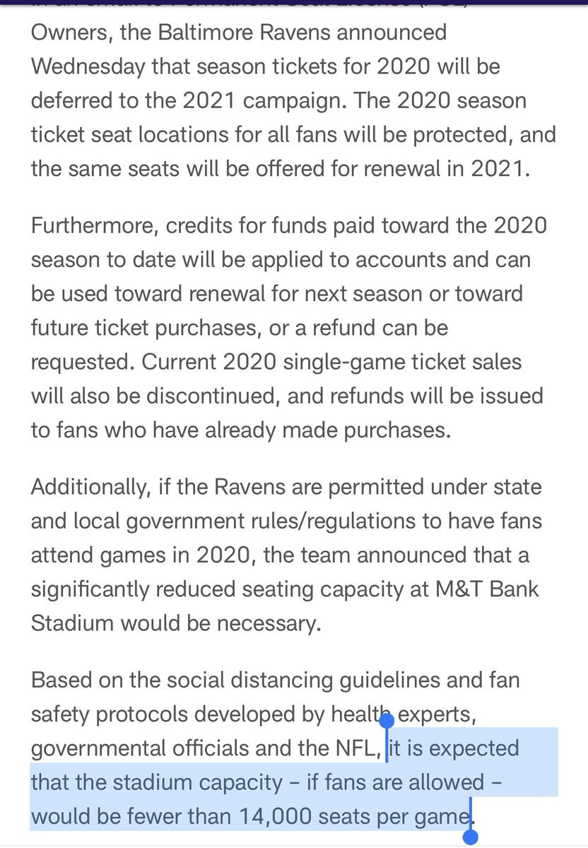 Ravens announced that their stadium capacity for this season – if fans are allowed to attend games – would be fewer than 14,000 seats per game.