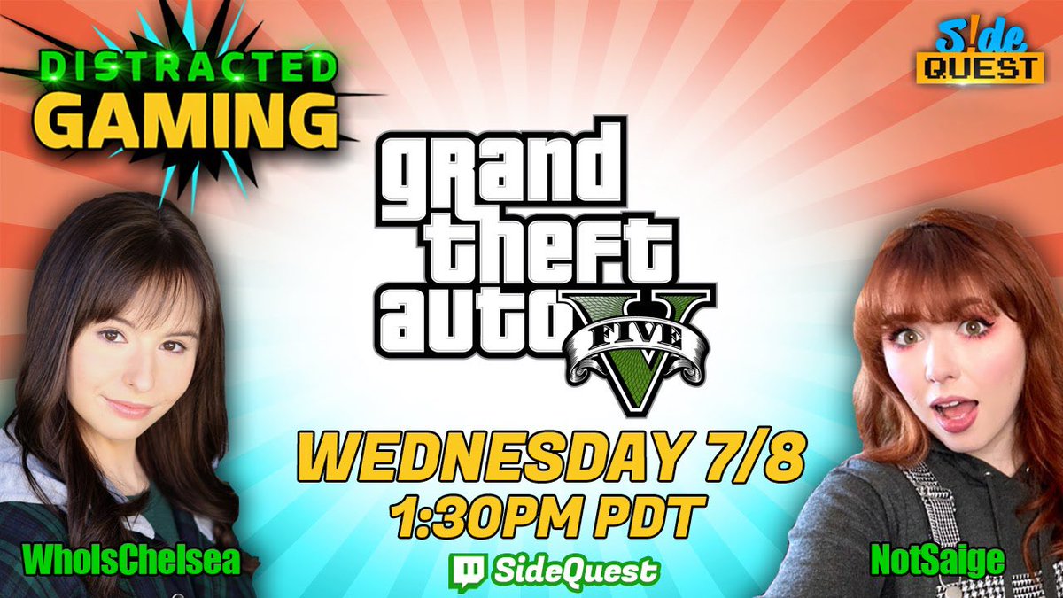 SideQuestLive's tweet image. Time to cash in you channel points! 

@whoischelsea_ and @NotSaige will visit the world of GTA5  on distracted gaming today at 1:30PM PDT. 

Let’s get wasted...or busted together one last time 💚💛