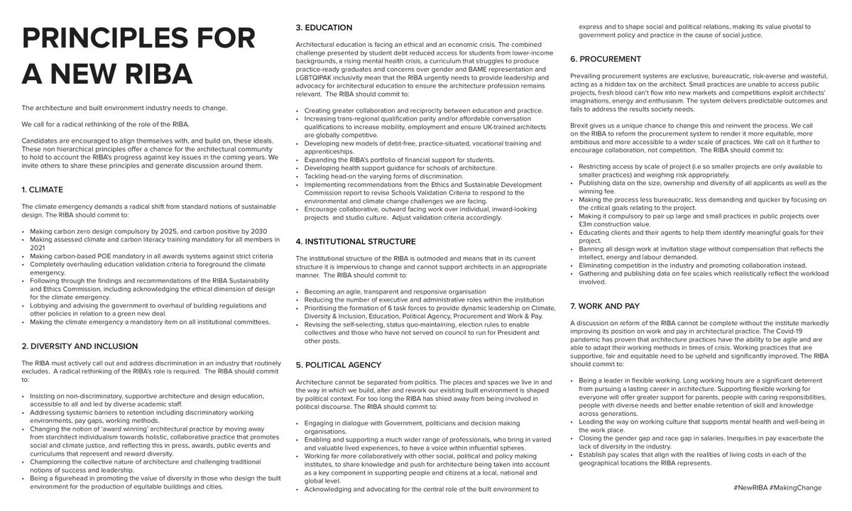 Principles for a New RIBA - co-authored, non-owned ideals developed by individuals+ collectives wanting to see the institute being a truly inclusive, influential+ empowered organisation.   You're all invited to recirculate, share, align with and build on #NewRIBA #MakingChange