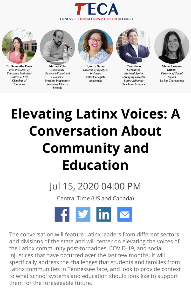 TNEdColorAllies's tweet photo. LIKE &amp; SHARE: Be sure to join us next Thursday at 4pm CST for our Elevating Latinx Voices virtual discussion next week featuring leaders across the state! Register here: https://t.co/9Y4ug2zAcm https://t.co/xSAi8kepvv