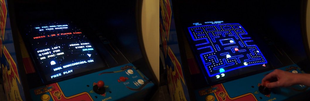 DailyPacMan's tweet photo. The Ms. Pac-Man / Galaga 20 Year Reunion arcade cabinet secretly contains the original Pac-Man as a third game.

To access Pac-Man, press Up, Up, Up, Down, Down, Down, Left, Right, Left, Right, Left on the joystick. The onscreen Blinky will change into Pinky to confirm the input. https://t.co/oHxh9nRPCh