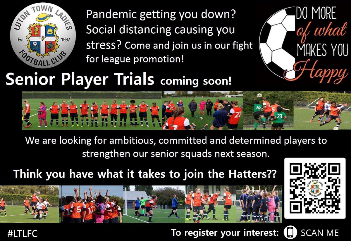 Exciting times people! Preseason training starts again from this week in our new bubbles 😃⚽️💪🏻Think you have what it takes to join the #hatters 🤔😁 Register your interest  bitly.ws/8JAN or scan the QR below #LTLFC #COYH