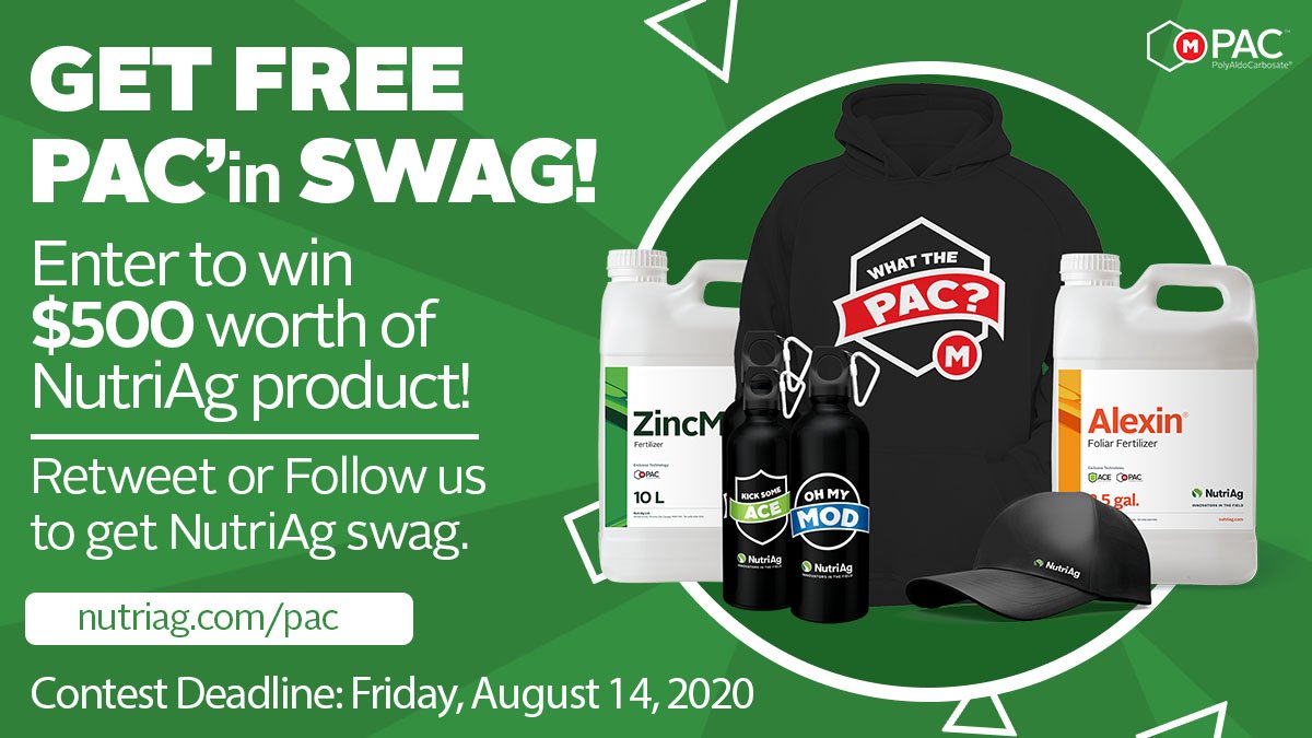 The first 100 people to retweet/share any of our #NutriAgTechContest posts or follow us on Twitter will get free NutriAg swag! You can also enter the draw to win $500 worth of NutriAg product by visiting nutriag.com/pac (Contest deadline: Friday, August 14, 2020)