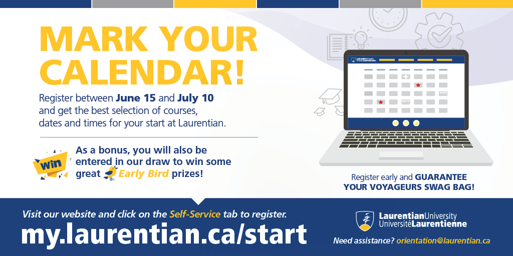 LaurentianU's tweet photo. Students who register for their courses by Friday, July 10 enter a draw for Early Bird prizes!
https://t.co/HLkdZDmdyK

Les étudiants qui s'inscrivent à leurs cours d'ici le vendredi 10 juillet participent à un tirage pour des prix!
https://t.co/syy3fj3P2H https://t.co/ZrLA57Q0UH