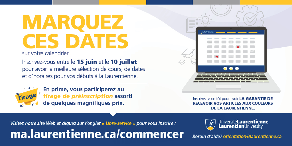 LaurentianU's tweet photo. Students who register for their courses by Friday, July 10 enter a draw for Early Bird prizes!
https://t.co/HLkdZDmdyK

Les étudiants qui s'inscrivent à leurs cours d'ici le vendredi 10 juillet participent à un tirage pour des prix!
https://t.co/syy3fj3P2H https://t.co/ZrLA57Q0UH