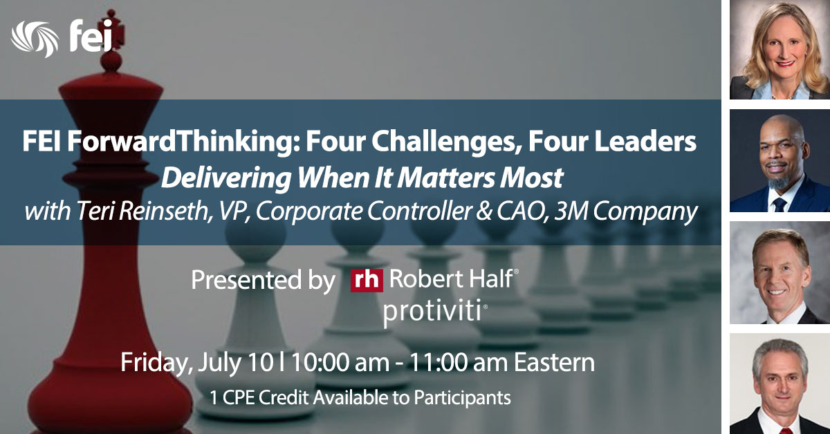 FEInews's tweet photo. Join us for an in-depth Q&A with Teri Reinseth, Corporate Controller & CAO of @3M Company on how leaders can reflect on their role as leaders and deliver when it matters most, July 10 at 10 am ET. https://t.co/o1eR8SGW89 #FEIForwardThinking @roberthalf @Protiviti https://t.co/qxtyETk40v