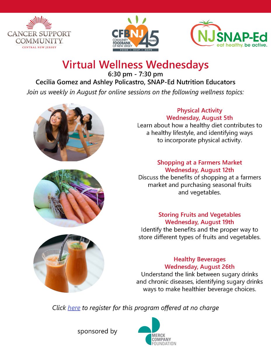 Cr4Hope's tweet photo. Join us in partnership with @CFBNJ and NJ SNAP-Ed for Virtual Wellness Wednesdays!
This series is offered at no charge to anyone impacted by cancer.
Register today: https://t.co/1GsDZPefZD
Generously sponsored by Merck Company Foundation.
#JoinUsCSCCNJ #WellnessWednesday https://t.co/8hrcRggTVd