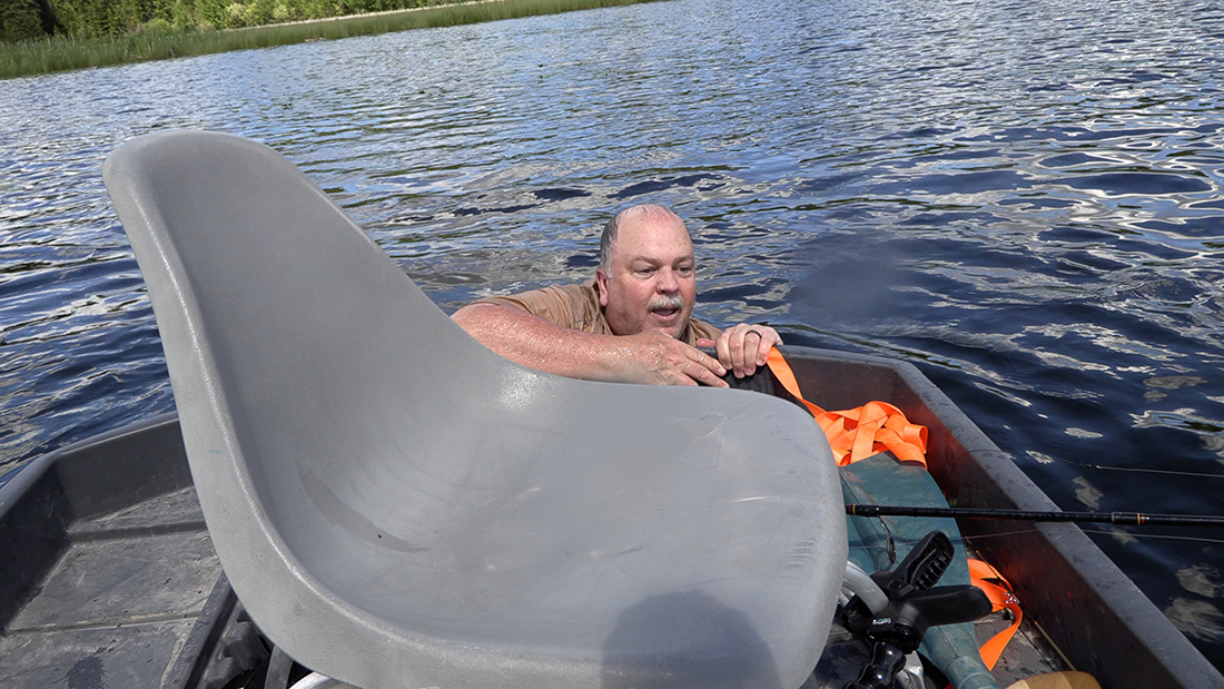 BootprintsTV's tweet image. That was unexpected! 
Stupid little boat!

We borrowed this little boat and all was good until I leaned over to wash some fish slime off of my hands. The seat popped out of the plastic rail that it snaps into, and over the side I went. A perfect somersault into the lake!