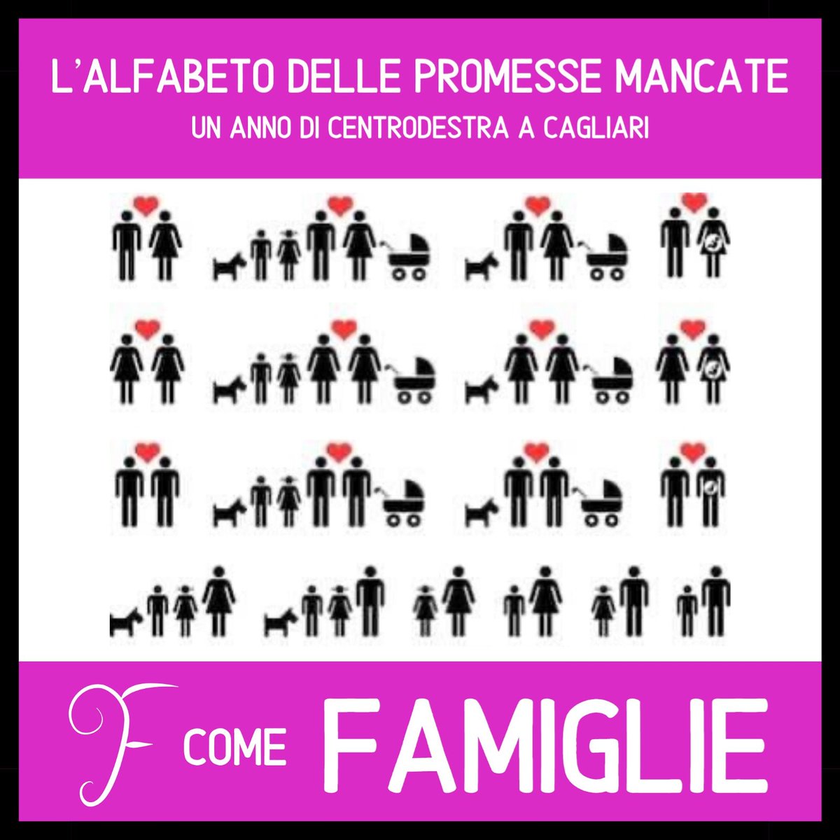 fraghirra's tweet photo. F come FAMIGLIE
Nonostante il #centrodestra dichiari di continuo che #Cagliari deve essere "a misura di #famiglia", nulla è stato fatto. Solo approcci #ideologici a favore di #famiglie "tradizionali". Servono servizi e concretezza, non #sloganelettorali.
https://t.co/8Ae4aW88o6 https://t.co/SbHyqfIZwO