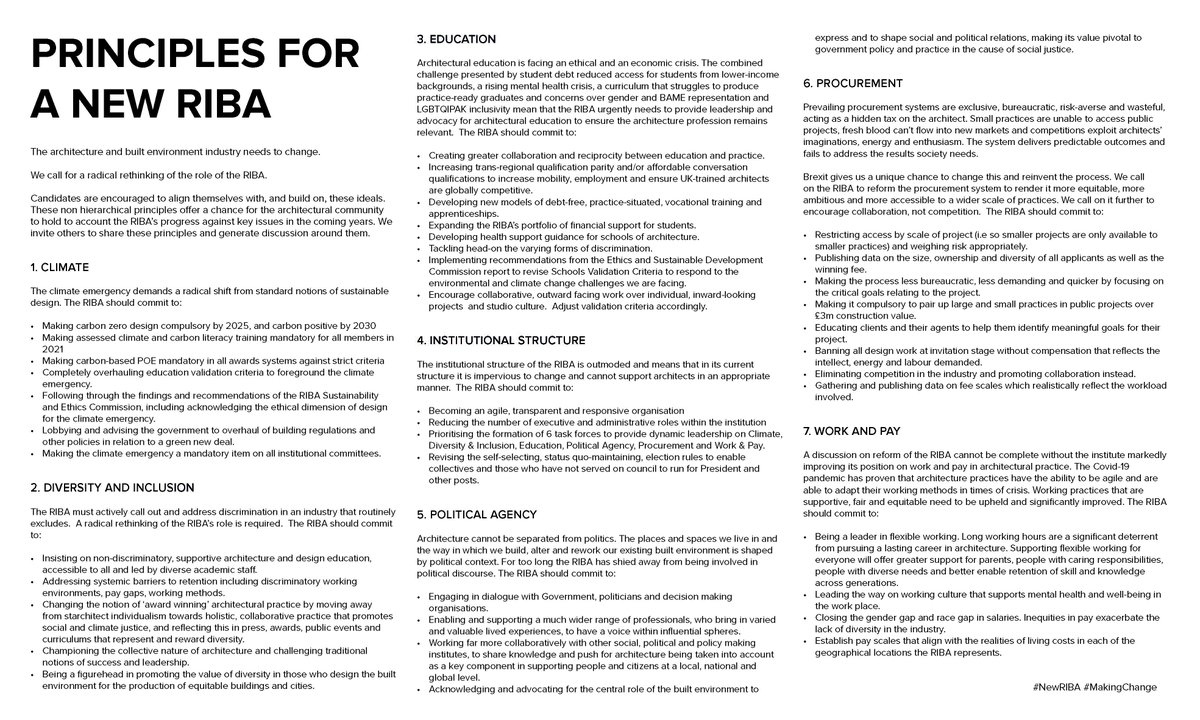 Principles for a New RIBA - co-authored, non-owned ideals developed by individuals+ collectives wanting to
see the institute being a truly inclusive, influential+ empowered organisation.

 

You are invited to recirculate, share, align with and build on #NewRIBA
#MakingChange