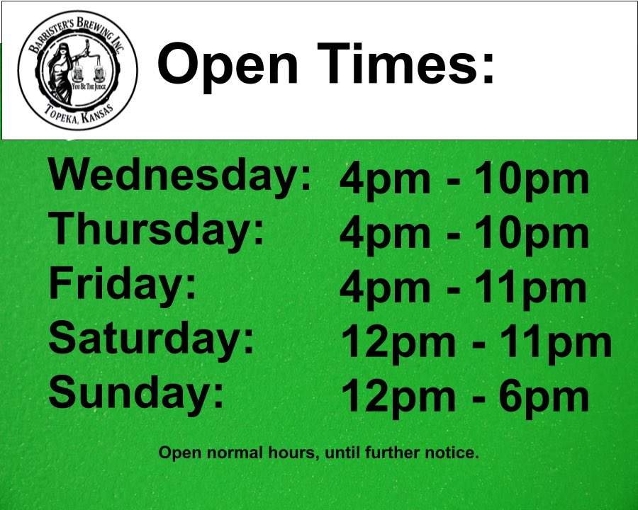 BarristersBrew's tweet photo. Just like that, we are back to normal hours.  We will have some other  modifications to comply with Shawnee County orders.  

All drink orders will be taken at the tables! https://t.co/rjPx7profC