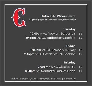 Excited to be back in Broken Arrow, OK this week for <a href="/TulsaElite/">Tulsa Elite Sports</a> Invite. Live stream on Facebook (at03Crush). #crushelite