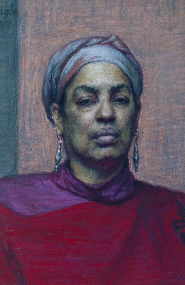 womensart1's tweet photo. Ellen Eagle, Mercedes in Red, 2002, US artist, best known for her figure drawings and portraits in pastel #womensart https://t.co/HN8WF5wbL6